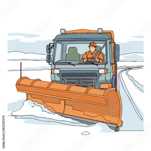 Snow plow operator clears roads in winter during a storm, ensuring safe passage. Snow plow operator uses heavy equipment, performing essential urban services.