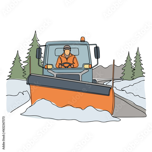 Snow plow operator depicted in a continuous line drawing showcases urban services. This municipal worker operates snow plow effectively, ensuring safe passage during winter storms.
