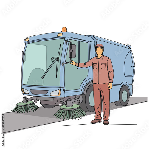 Street maintenance worker next to urban services vehicle with muted colors, showing public service in action. Infrastructure worker cleans city streets,
