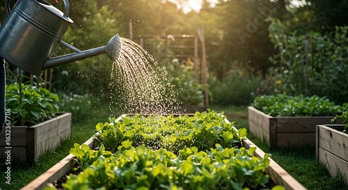 Realistic outdoor scene of a person watering a lush vegetable garden with a metal watering can under soft sunlight, with sparkling water droplets and vibrant green plants in raised wooden beds