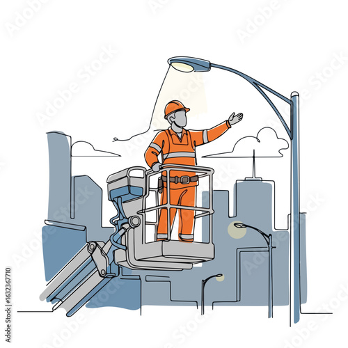 Streetlight engineer performs maintenance on streetlights using cherry picker for elevated urban services. Streetlight engineer is a municipal worker providing public service and maintenance,