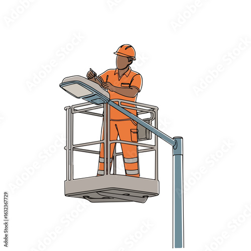 Streetlight engineer with cherrypicker showing street maintenance operations. Street maintenance is essential work by a public service employee,