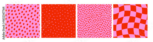 Checker, dot, confetti seamless pattern set with retro abstract design. Brigh...