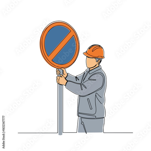 Traffic sign installer carrying and mounting no parking sign, symbolizing urban services. Municipal worker ensures public safety by positioning new street sign,