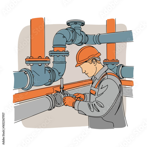 Illustration of water pipe repair person executing urban services on infrastructure, public employee depicted in line drawing.