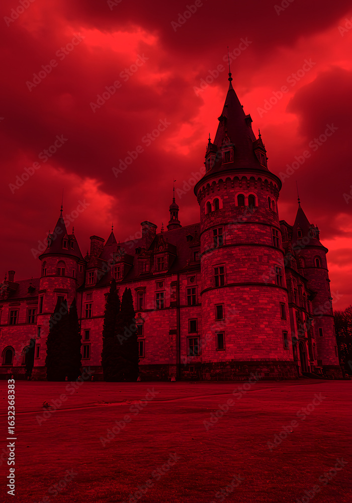 Fototapeta premium A spooky gothic castle with tall turrets stands under a dramatic, ominous red sky.
