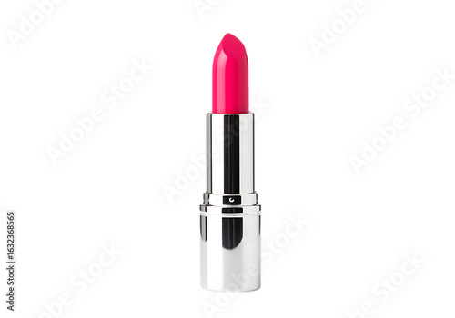 Single vibrant fuchsia pink lipstick in a sleek silver bullet casing on a dramatic black background