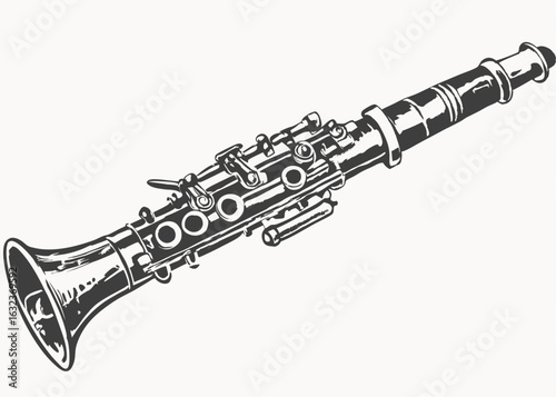 Clarinet Vintage Line Illustration, Retro Musical Instrument Black and White background