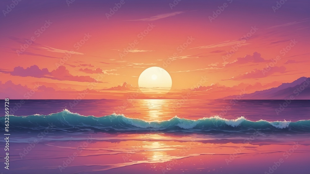 Naklejka premium Vibrant sunset over calm ocean waves on serene beach landscape 