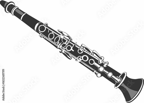 Clarinet Line Art Vector, Vintage Woodwind Musical Instrument Line Art on White Illustration