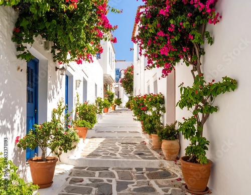 Fototapeta Naklejka Na Ścianę i Meble -  Whitewashed alley with bougainvillea