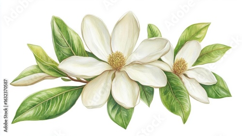 White Flower Blossom with Green Leaves, Beauty and Tranquility Theme