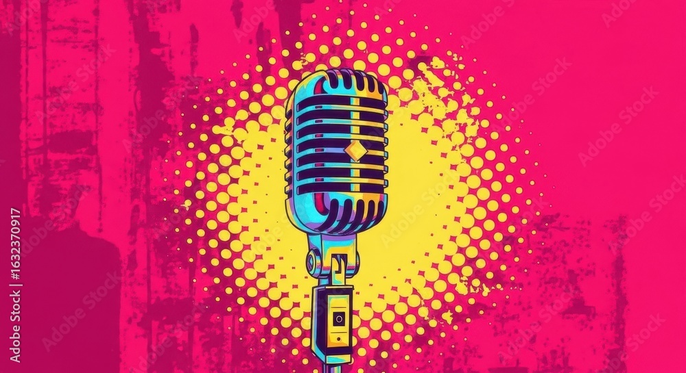 Fototapeta premium Vintage Microphone on pink and yellow halftone background