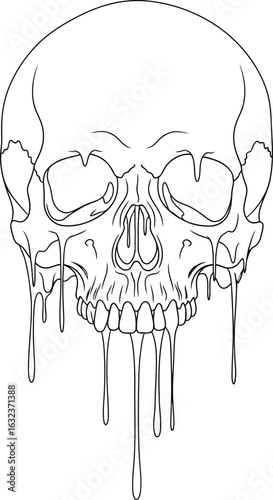 Detailed line art illustration of a melting skull creating a macabre and unsettling visual