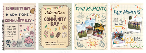 Set of four posters featuring vibrant community event flyers with bake-offs parades live music and crafts