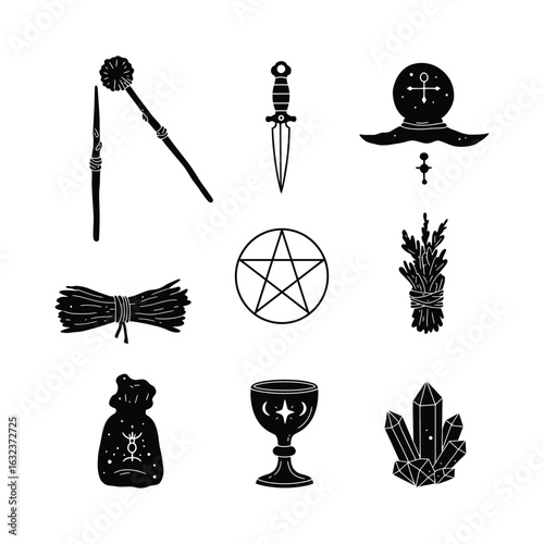 Witchcraft tools and mystical symbols icon set. A black silhouette collection of pagan and wiccan elements for magic and esoteric ritual.