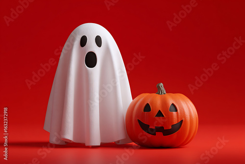 A playful ghost figure with a surprised expression stands beside a carved pumpkin on a vibrant red background