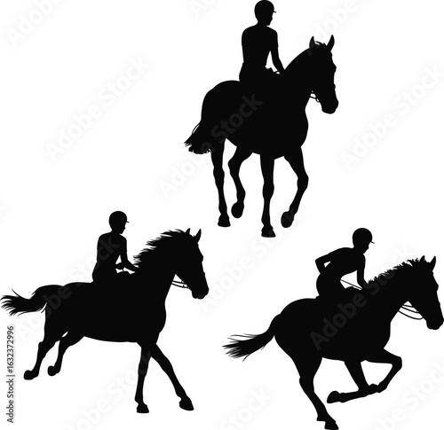 Silhouette of horse riders, horseback riding, equestrian sport, black and white, dynamic pose, graceful movement, horse silhouettes, Adobe stock image