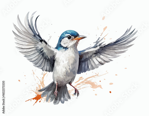 Beautiful small bird vector with gray background. A high-quality, professional vector features a detailed figurine of a cartoonish blue and white bird. 