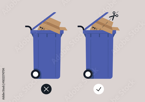 Two recycling bins demonstrate the importance of cutting cardboard before disposal, encouraging eco-friendly habits for waste management in city environments