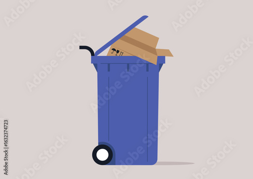 A blue bin filled with cardboard trash sits disposed against a pale background, highlighting the importance of recycling and proper waste management practices in contemporary society