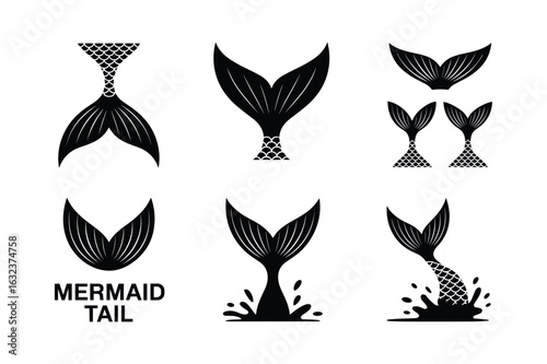 Black mermaid tails with scales and water splashes silhouette fins