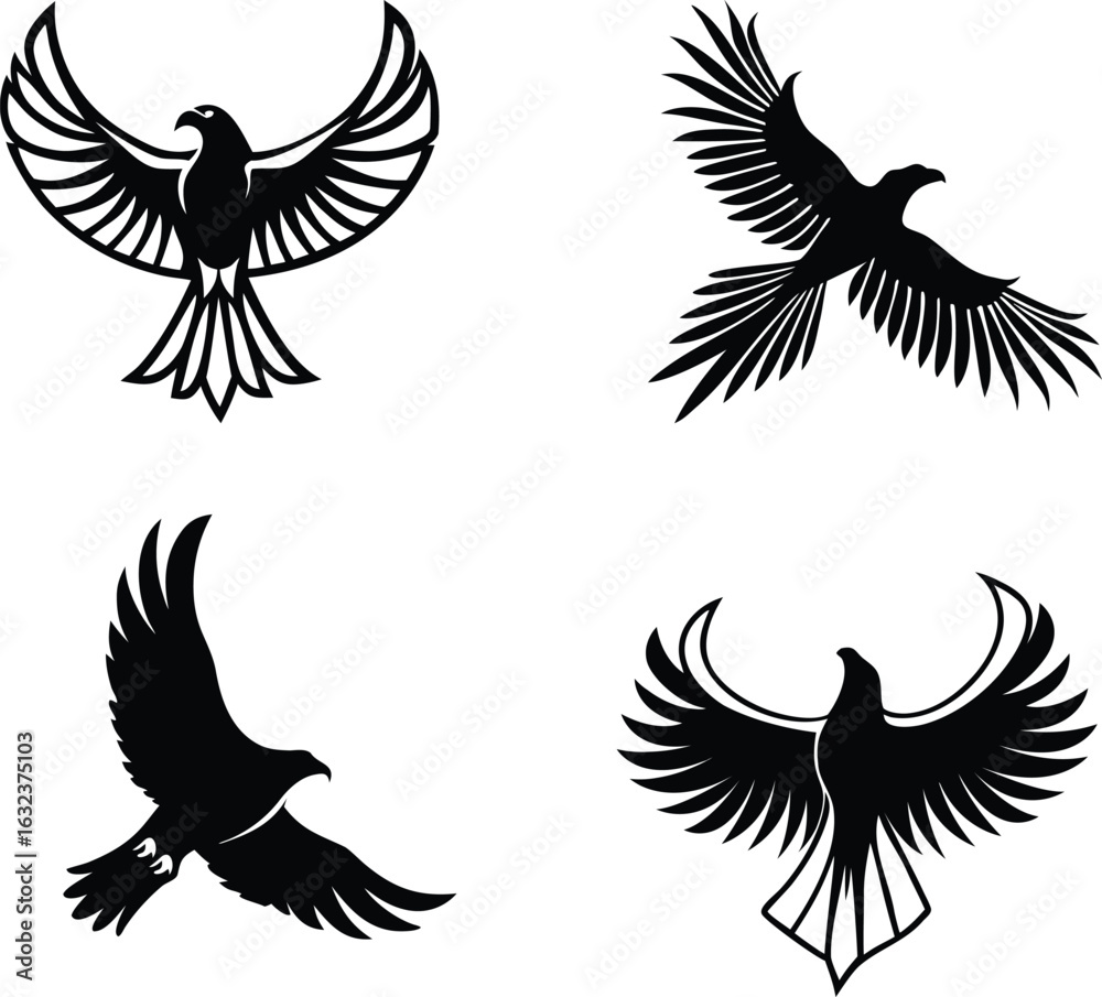 Obraz premium A vector illustration of a set of black wings, depicting the silhouette of a flying eagle or hawk for a logo or tattoo design