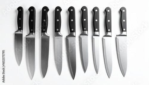 A modern kitchen knife set with stainless steel blades and ergonomic black handles, neatly arranged on a clean white background with soft shadows. Each knife is aligned for a sleek, professional look.