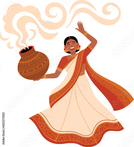 Indian woman celebrating Durga Puja with dhunuchi dance, holding an earthen pot with incense,  Navratri festival flat illustration