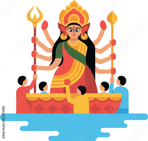Durga idol immersion ceremony with people on a boat, indian culture, Hindu festival Durga Puja, Navratri celebration, flat illustration