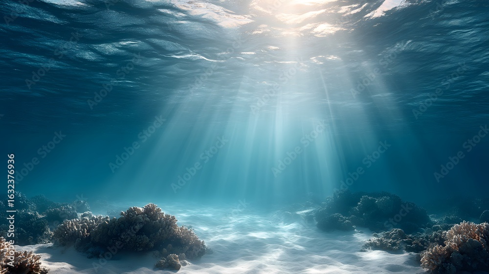 Fototapeta premium Soft underwater reef view with sunbeams filtering through