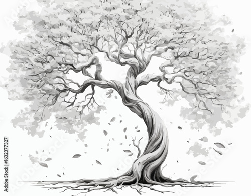 trees have dark brown trunks and branches. Their foliage consists of numerous white, geometric leaf-like shapes, creating a stark contrast against the dark wood (1)