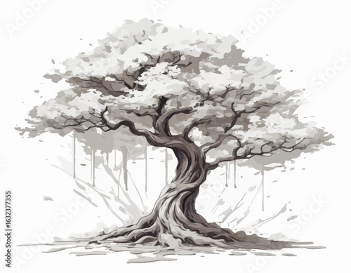 trees have dark brown trunks and branches. Their foliage consists of numerous white, geometric leaf-like shapes, creating a stark contrast against the dark wood (1)
