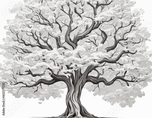 trees have dark brown trunks and branches. Their foliage consists of numerous white, geometric leaf-like shapes, creating a stark contrast against the dark wood (1)