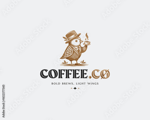 A Bird wearing hat and holding a cup of coffee logo template