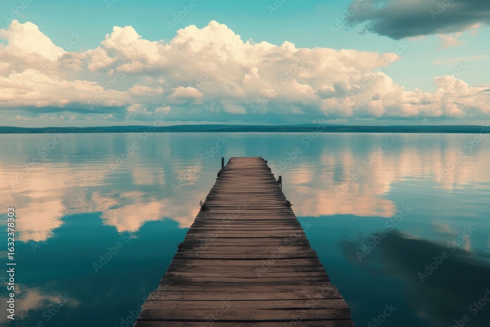 Fototapeta premium Serene Lake Pier Reflection: A Tranquil Escape