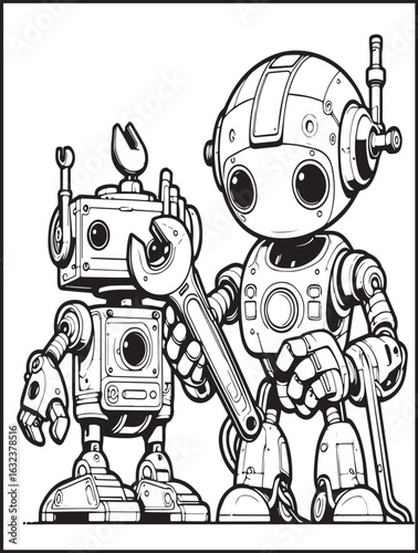 Printable coloring page for all ages: Friendly mechanical robot to color