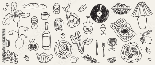 House party with food, wine, coffee and music. Italian style dinner or breakfast hand drawn vector illustrations in charcoal or chalk style for poster, placard and invitations. Perfect for menus decor