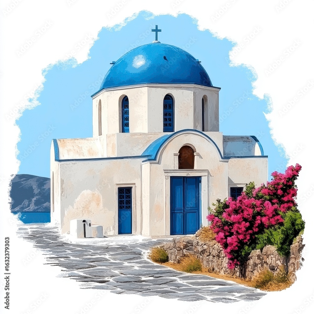 Obraz premium Picturesque Whitewashed Church with Blue Dome and Pink Bougainvillea