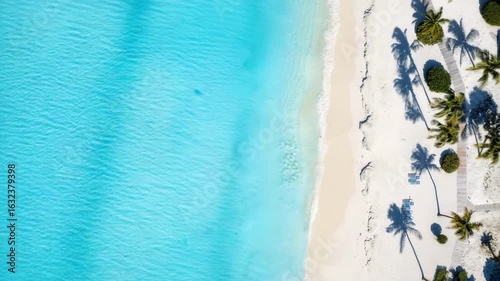 Top-down view of a sandy beach with blue water and waves, web banner design with copy space on the right for text or graphics.