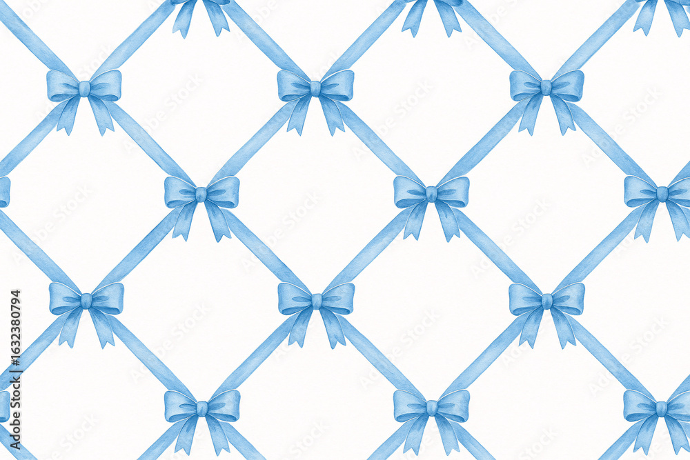 Fototapeta premium Elegant diamond pattern background with watercolor blue ribbon bows, seamless soft fabric texture for luxury packaging, baby shower or wedding design 