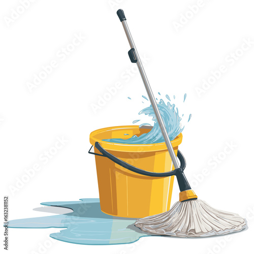 Cartoon Mop and Bucket with Water Splashes