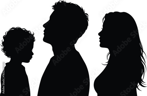 Silhouette of family members, child, man, woman, side profiles, black silhouettes, isolated, white background, family bond, unity, togetherness