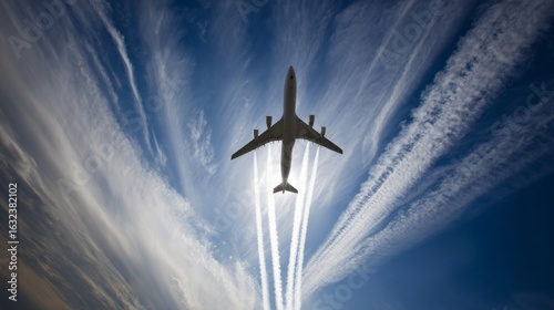 A commercial airplane climbs through the sky with visible contrails,