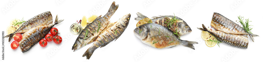 Fried fish. Dishes isolated on white, set. Top view Fried fish. Dishes isolated on white, set. Top view