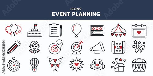 Vector art of event planning icons featuring a balloon, flag, cake, list, microphone, clown, and target