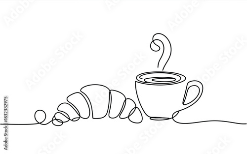 Simple line art of a croissant and hot coffee cup