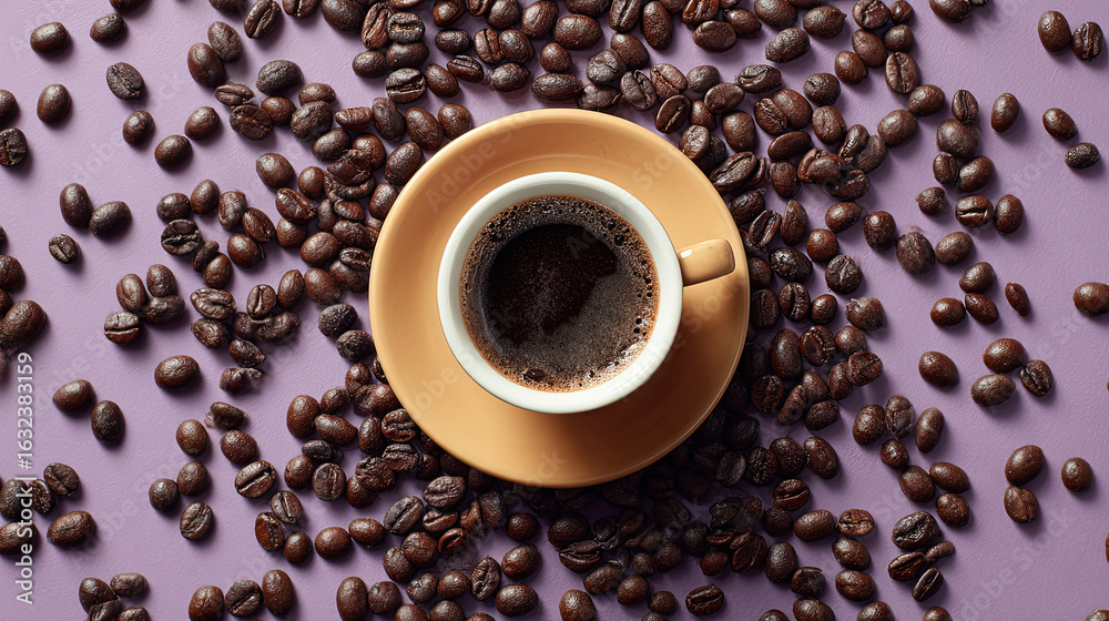 Fototapeta premium offee beans around espresso cup, top view 