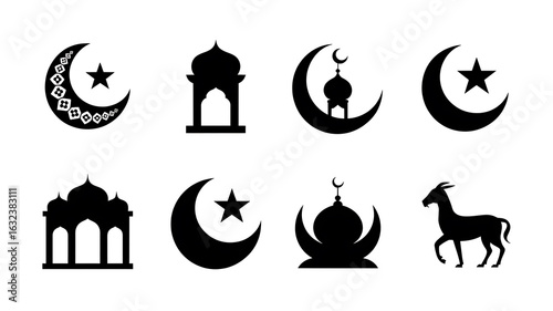 Islamic symbols, crescent moons, stars, mosques, and a goat.
