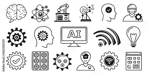 Vector art of ai icons isolated on white background showcasing artificial intelligence, automation, and technological innovation